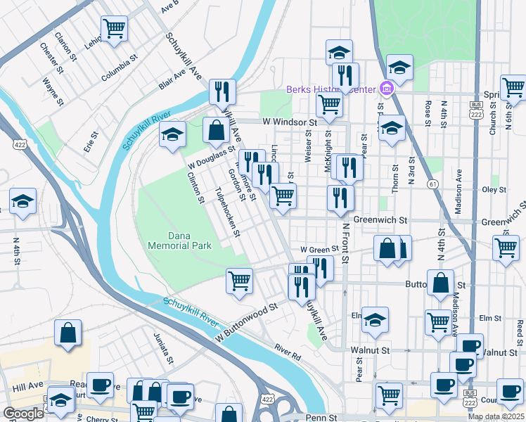map of restaurants, bars, coffee shops, grocery stores, and more near 636 Schuylkill Avenue in Reading