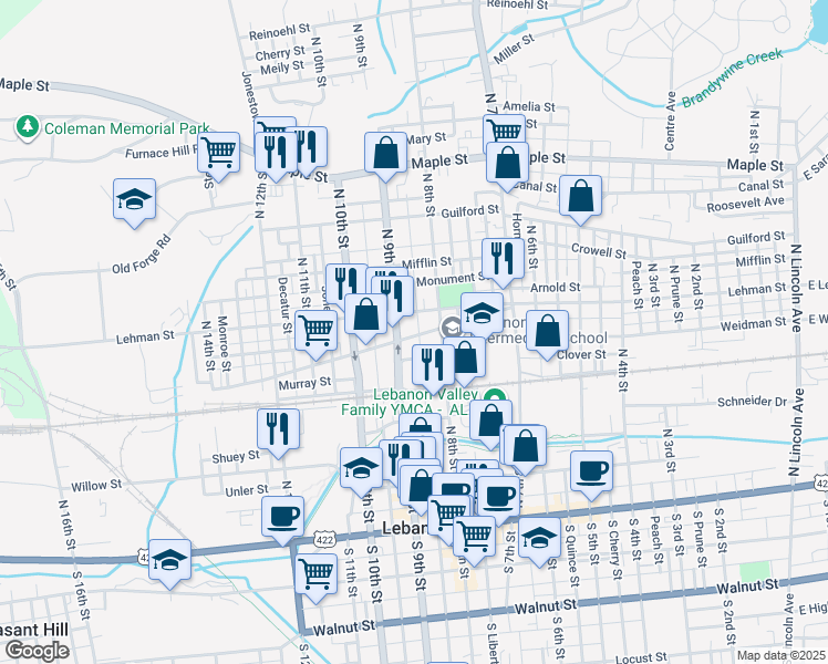 map of restaurants, bars, coffee shops, grocery stores, and more near 830 Lehman Street in Lebanon