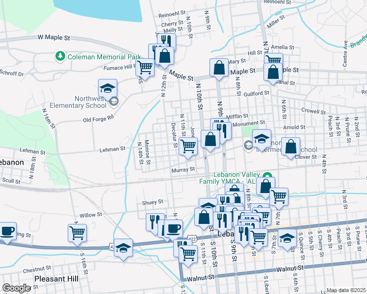 map of restaurants, bars, coffee shops, grocery stores, and more near 1115 Lehman Street in Lebanon
