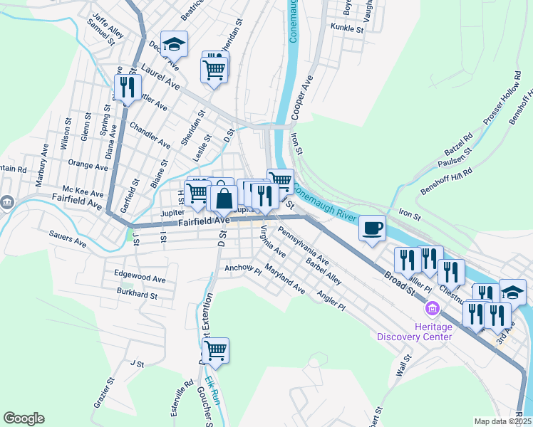 map of restaurants, bars, coffee shops, grocery stores, and more near 1233 Broad Street in Johnstown