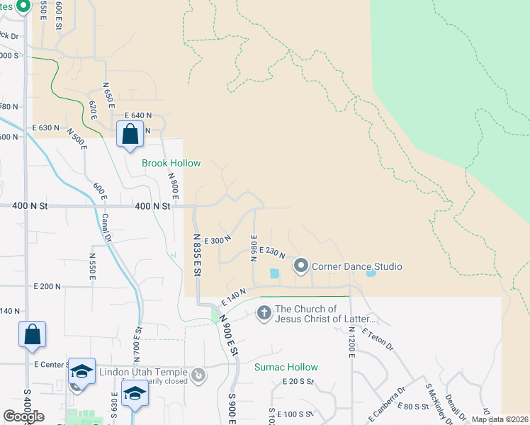 map of restaurants, bars, coffee shops, grocery stores, and more near 1096 East 380 North in Lindon