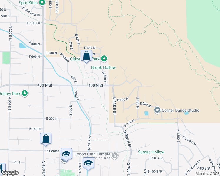 map of restaurants, bars, coffee shops, grocery stores, and more near 383 North 835 East Street in Lindon