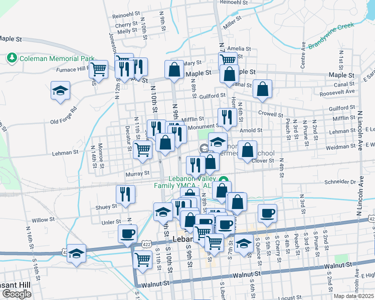 map of restaurants, bars, coffee shops, grocery stores, and more near 830 Lehman Street in Lebanon