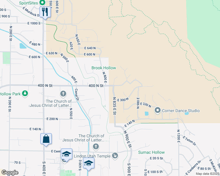 map of restaurants, bars, coffee shops, grocery stores, and more near 383 North 835 East Street in Lindon