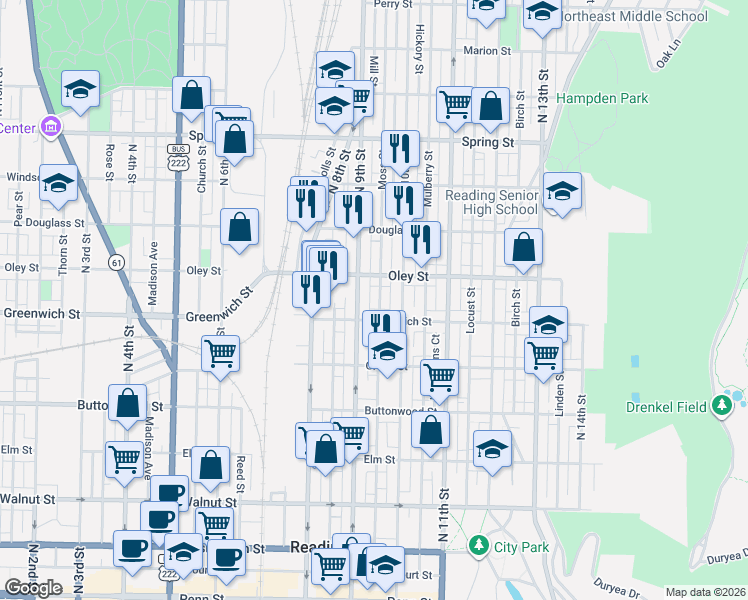 map of restaurants, bars, coffee shops, grocery stores, and more near 649 North 9th Street in Reading