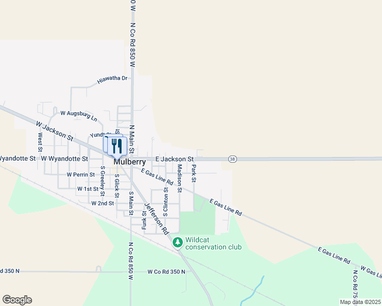 map of restaurants, bars, coffee shops, grocery stores, and more near 606 Indiana 38 in Mulberry