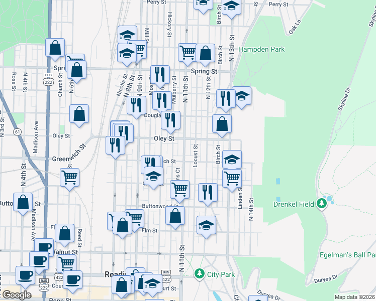 map of restaurants, bars, coffee shops, grocery stores, and more near 1126 Oley Street in Reading