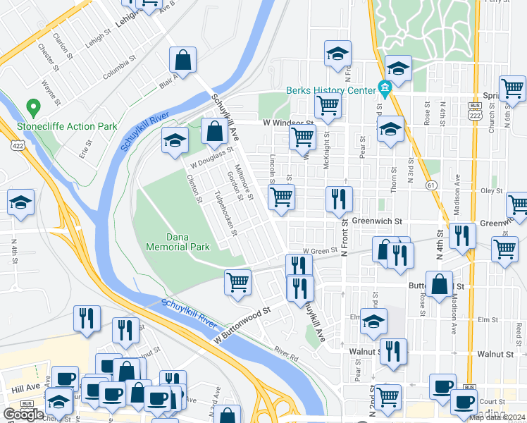 map of restaurants, bars, coffee shops, grocery stores, and more near 614 Schuylkill Avenue in Reading