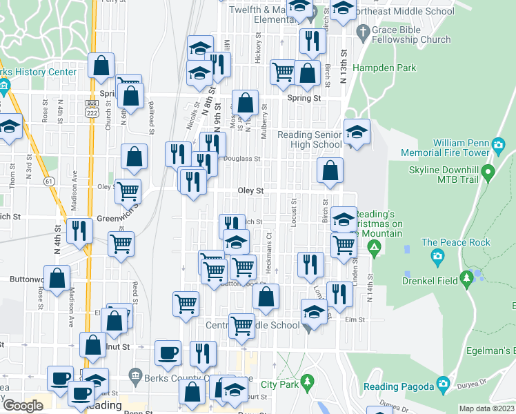 map of restaurants, bars, coffee shops, grocery stores, and more near 634 Mulberry Street in Reading