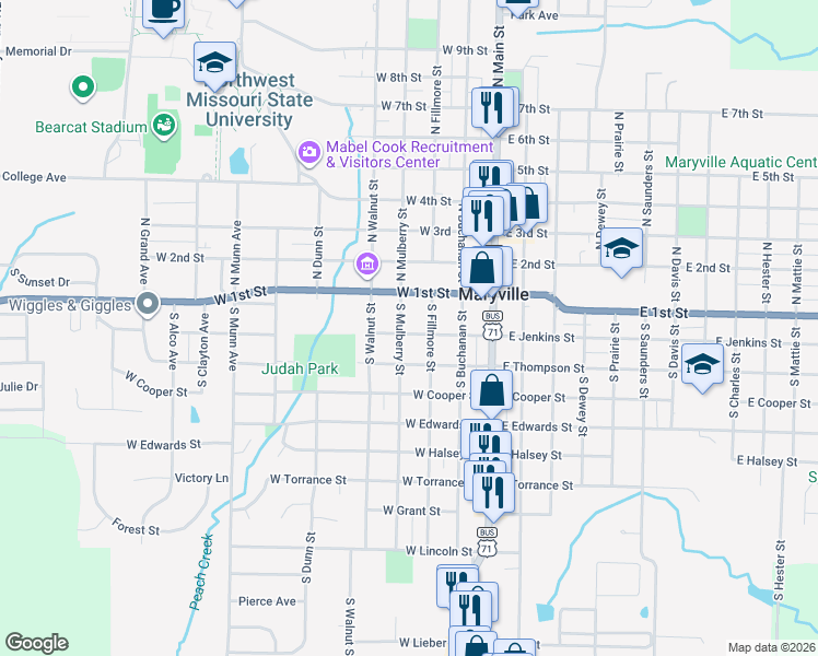 map of restaurants, bars, coffee shops, grocery stores, and more near 101-199 S Mulberry St in Maryville