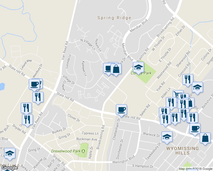 map of restaurants, bars, coffee shops, grocery stores, and more near 124 Hawthorne Court in Reading