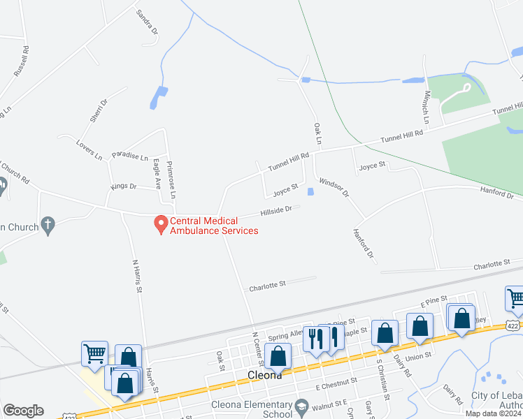 map of restaurants, bars, coffee shops, grocery stores, and more near 3311 Hillside Drive in Lebanon