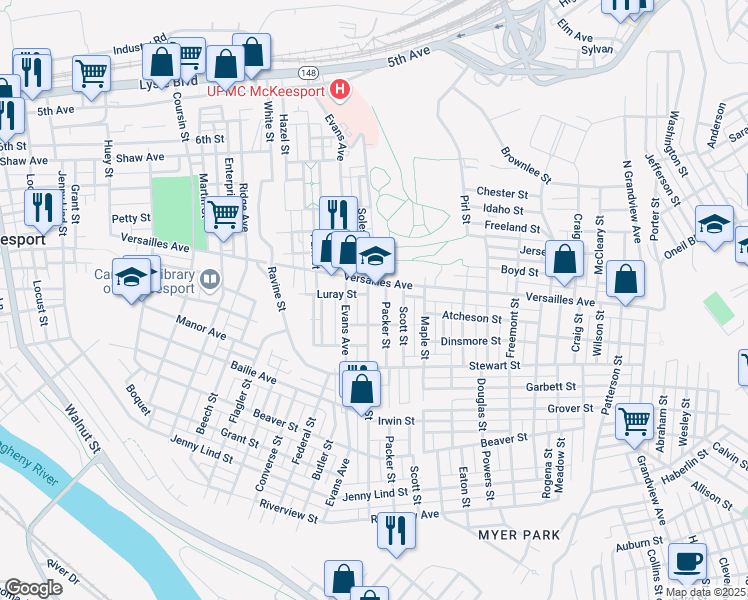map of restaurants, bars, coffee shops, grocery stores, and more near 2412 Versailles Avenue in McKeesport
