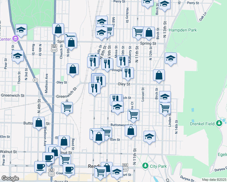 map of restaurants, bars, coffee shops, grocery stores, and more near 649 North 9th Street in Reading