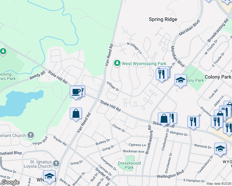 map of restaurants, bars, coffee shops, grocery stores, and more near 103 Colleen Court in Wyomissing