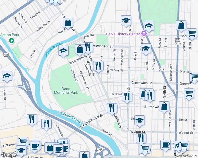 map of restaurants, bars, coffee shops, grocery stores, and more near 616 Schuylkill Avenue in Reading