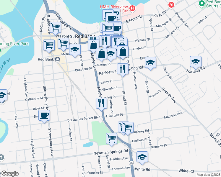 map of restaurants, bars, coffee shops, grocery stores, and more near 40 Waverly Place in Red Bank