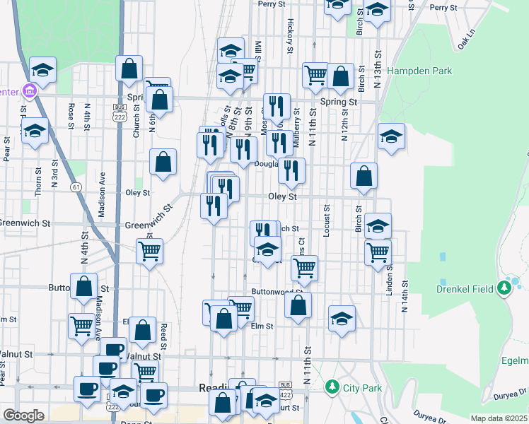 map of restaurants, bars, coffee shops, grocery stores, and more near 627 Moss Street in Reading