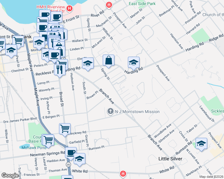 map of restaurants, bars, coffee shops, grocery stores, and more near 238 Spring Street in Red Bank