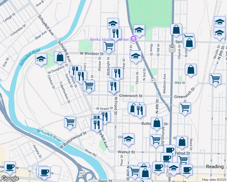 map of restaurants, bars, coffee shops, grocery stores, and more near 634 North Front Street in Reading