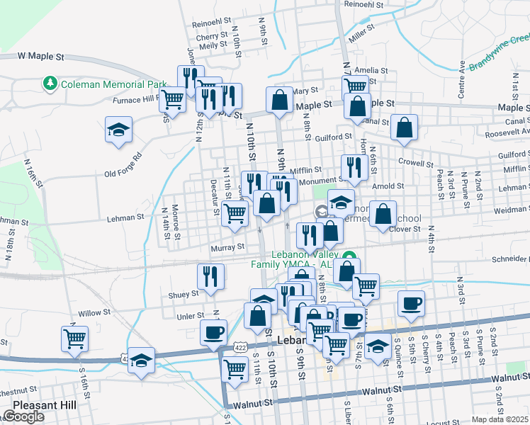 map of restaurants, bars, coffee shops, grocery stores, and more near 924 Lehman Street in Lebanon