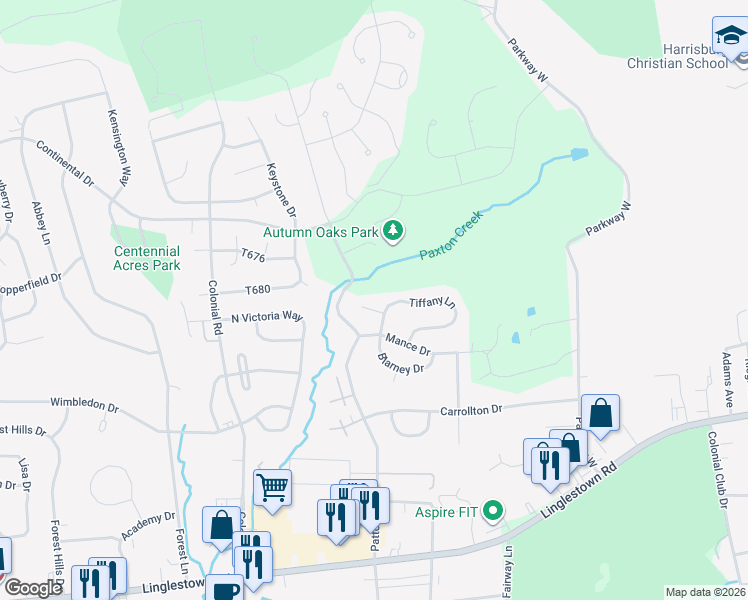 map of restaurants, bars, coffee shops, grocery stores, and more near 2550 Tiffany Lane in Harrisburg