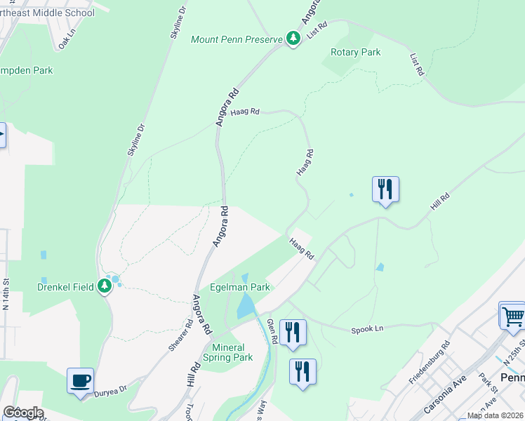 map of restaurants, bars, coffee shops, grocery stores, and more near 200 Haag Road in Reading