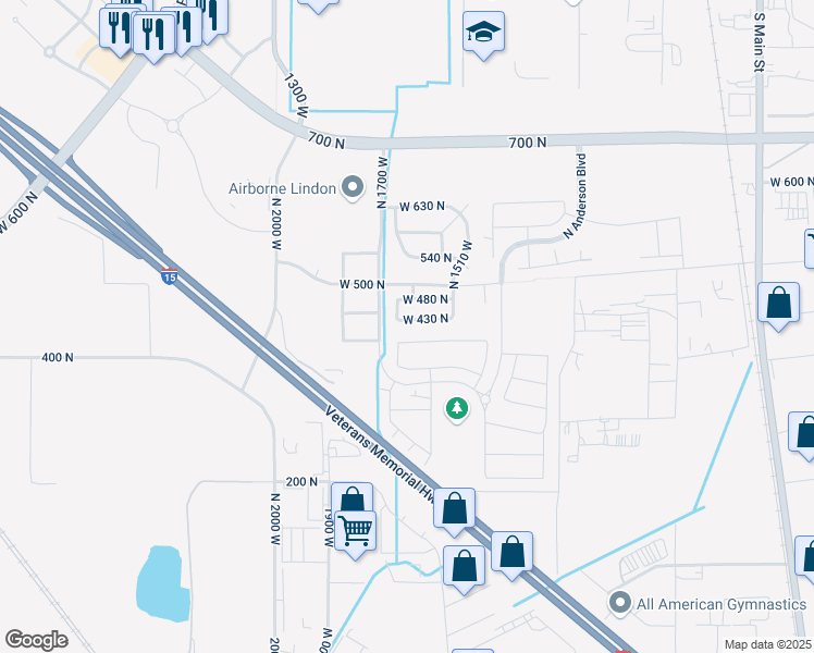 map of restaurants, bars, coffee shops, grocery stores, and more near 1645 West 430 North in Lindon