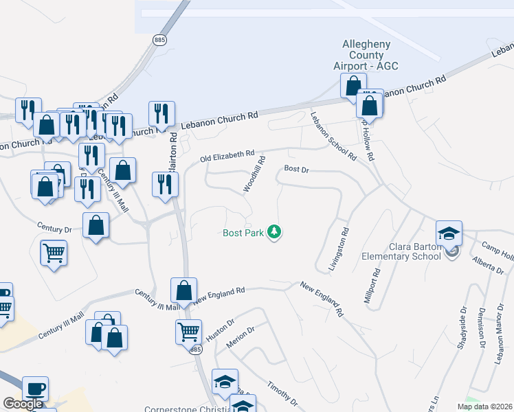 map of restaurants, bars, coffee shops, grocery stores, and more near 317 Bluemont Drive in West Mifflin