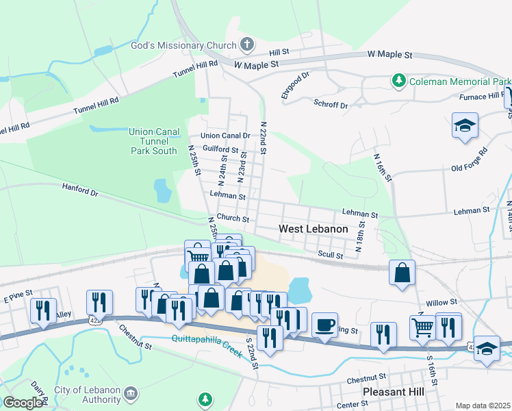 map of restaurants, bars, coffee shops, grocery stores, and more near 2215 Lehman Street in Lebanon