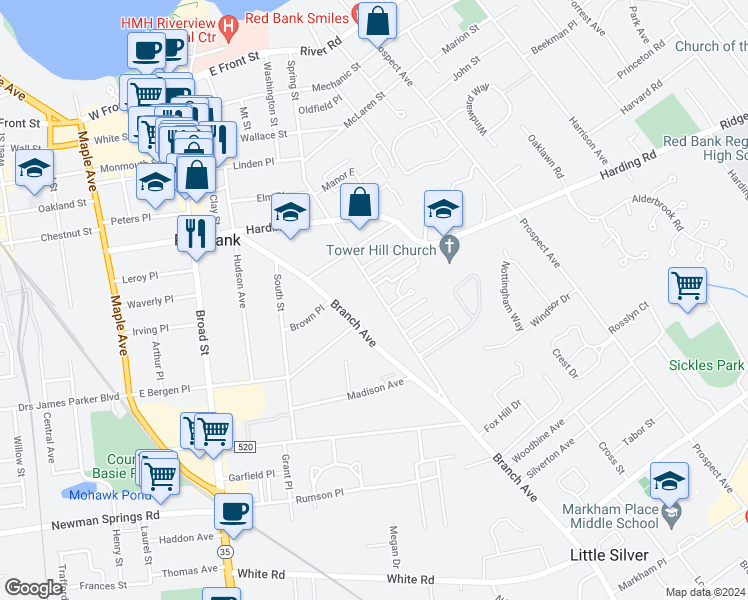 map of restaurants, bars, coffee shops, grocery stores, and more near 252 Spring Street in Red Bank