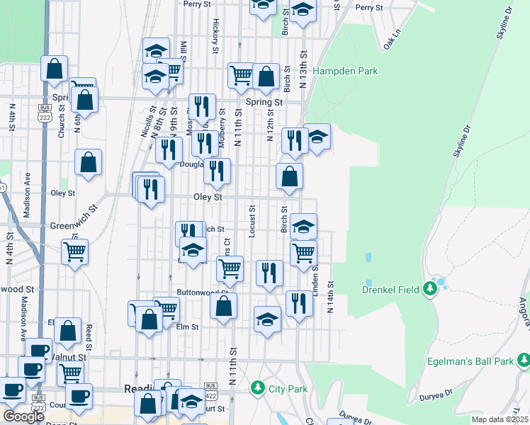 map of restaurants, bars, coffee shops, grocery stores, and more near 638 North 12th Street in Reading