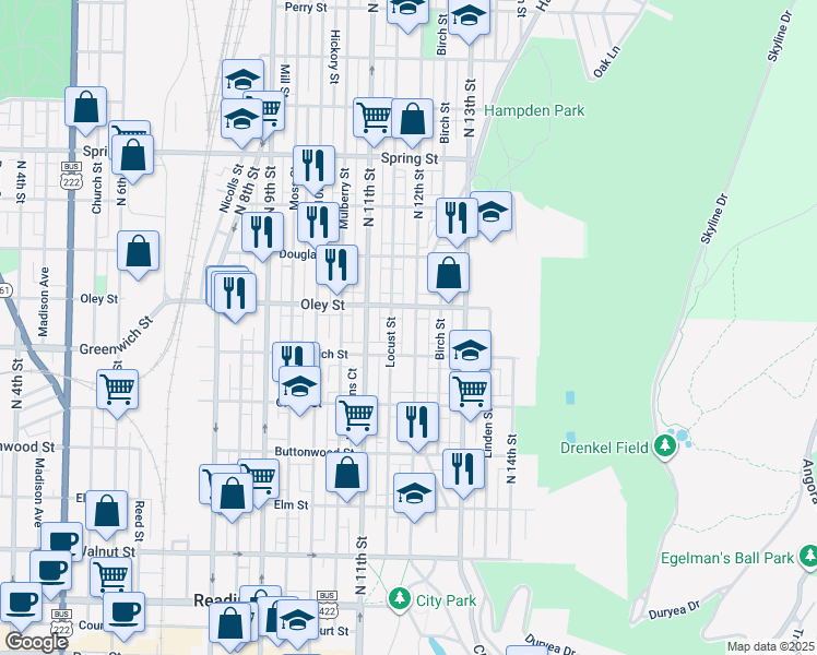 map of restaurants, bars, coffee shops, grocery stores, and more near 638 North 12th Street in Reading