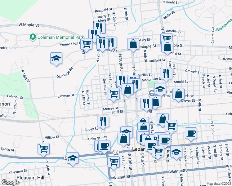 map of restaurants, bars, coffee shops, grocery stores, and more near 1030 Lehman Street in Lebanon