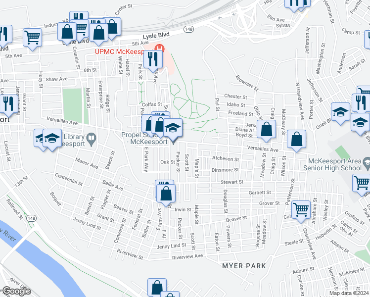 map of restaurants, bars, coffee shops, grocery stores, and more near 1208 Scott Street in McKeesport