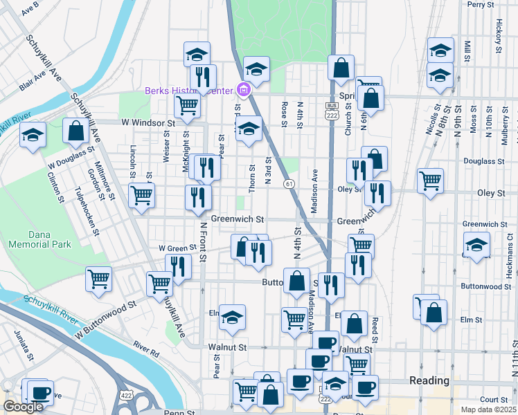 map of restaurants, bars, coffee shops, grocery stores, and more near 618 North 3rd Street in Reading