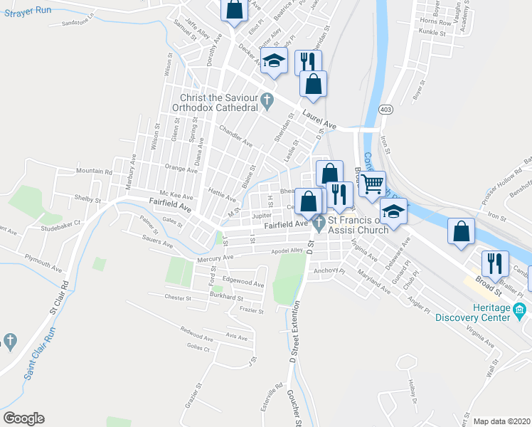 map of restaurants, bars, coffee shops, grocery stores, and more near 118 H Street in Johnstown