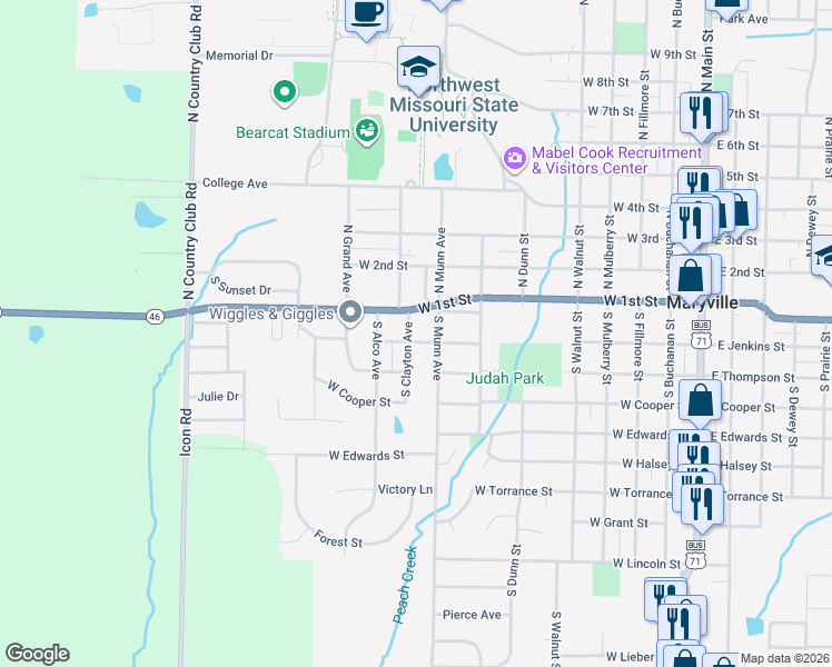 map of restaurants, bars, coffee shops, grocery stores, and more near 820 West 1st Street in Maryville