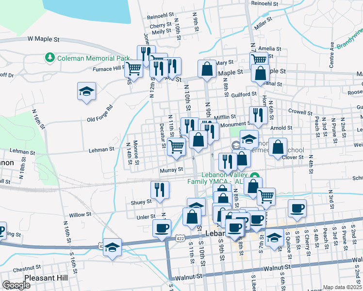 map of restaurants, bars, coffee shops, grocery stores, and more near 1024 Lehman Street in Lebanon