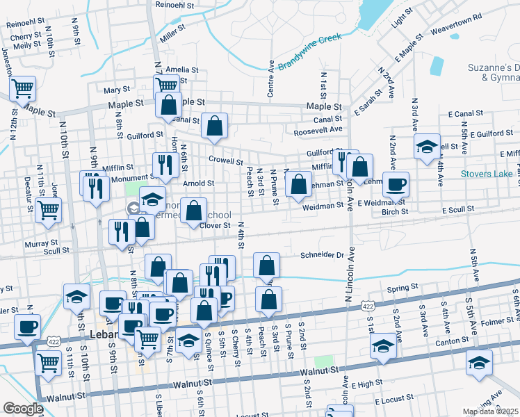 map of restaurants, bars, coffee shops, grocery stores, and more near 303 Weidman Street in Lebanon