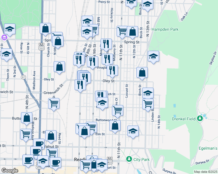 map of restaurants, bars, coffee shops, grocery stores, and more near 642 North 10th Street in Reading