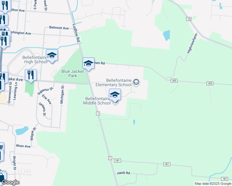 map of restaurants, bars, coffee shops, grocery stores, and more near 820 Ludlow Road in Bellefontaine