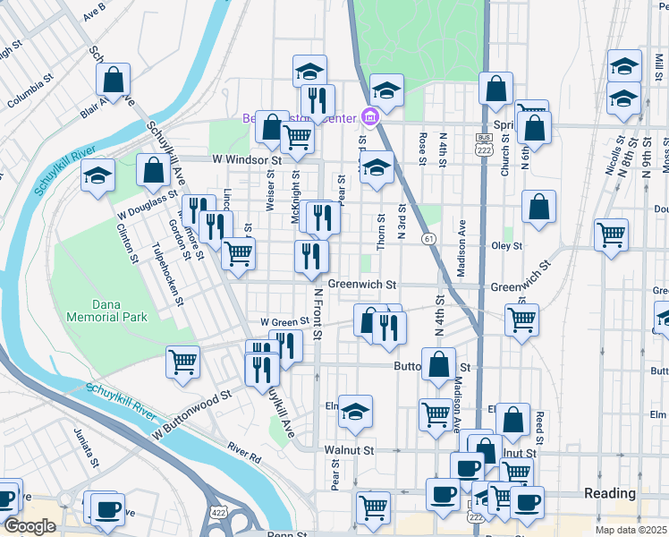 map of restaurants, bars, coffee shops, grocery stores, and more near 622 Pear Street in Reading