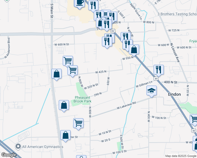 map of restaurants, bars, coffee shops, grocery stores, and more near 332 North 750 West in Lindon