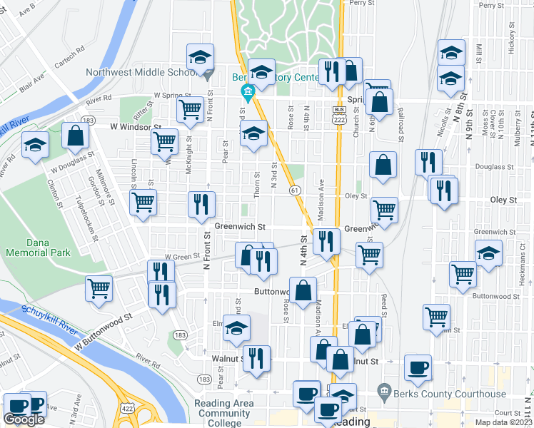map of restaurants, bars, coffee shops, grocery stores, and more near 618 North 3rd Street in Reading