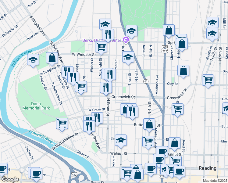 map of restaurants, bars, coffee shops, grocery stores, and more near 622 Pear Street in Reading