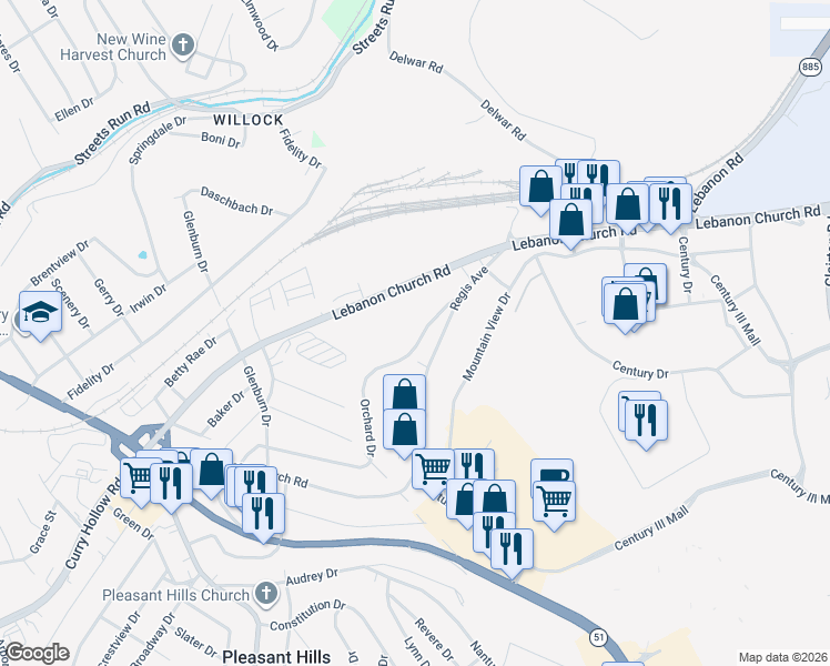 map of restaurants, bars, coffee shops, grocery stores, and more near 521 Orchard Drive in West Mifflin
