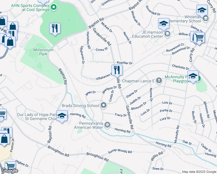 map of restaurants, bars, coffee shops, grocery stores, and more near 5616 Marilynn Drive in Pittsburgh