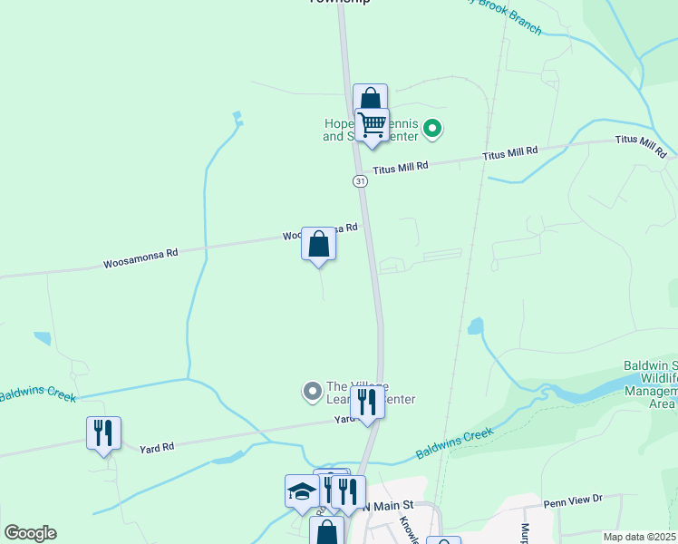map of restaurants, bars, coffee shops, grocery stores, and more near 82 New Jersey 31 in Pennington