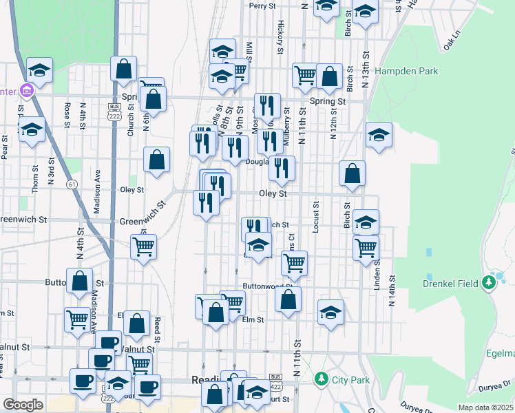 map of restaurants, bars, coffee shops, grocery stores, and more near 633 Moss Street in Reading